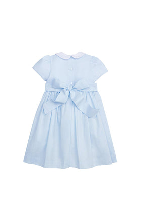 classic childrens clothing girls light blue dress with peter pan collar, daffodil smocking detail, and bow sash