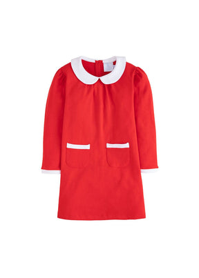 classic childrens clothing girls long sleeve dress with white peter pan collar and front pocket details