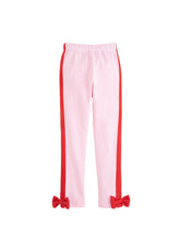 classic childrens clothing girls pull on legging in pink with red stripe down the side and bow at pant opening