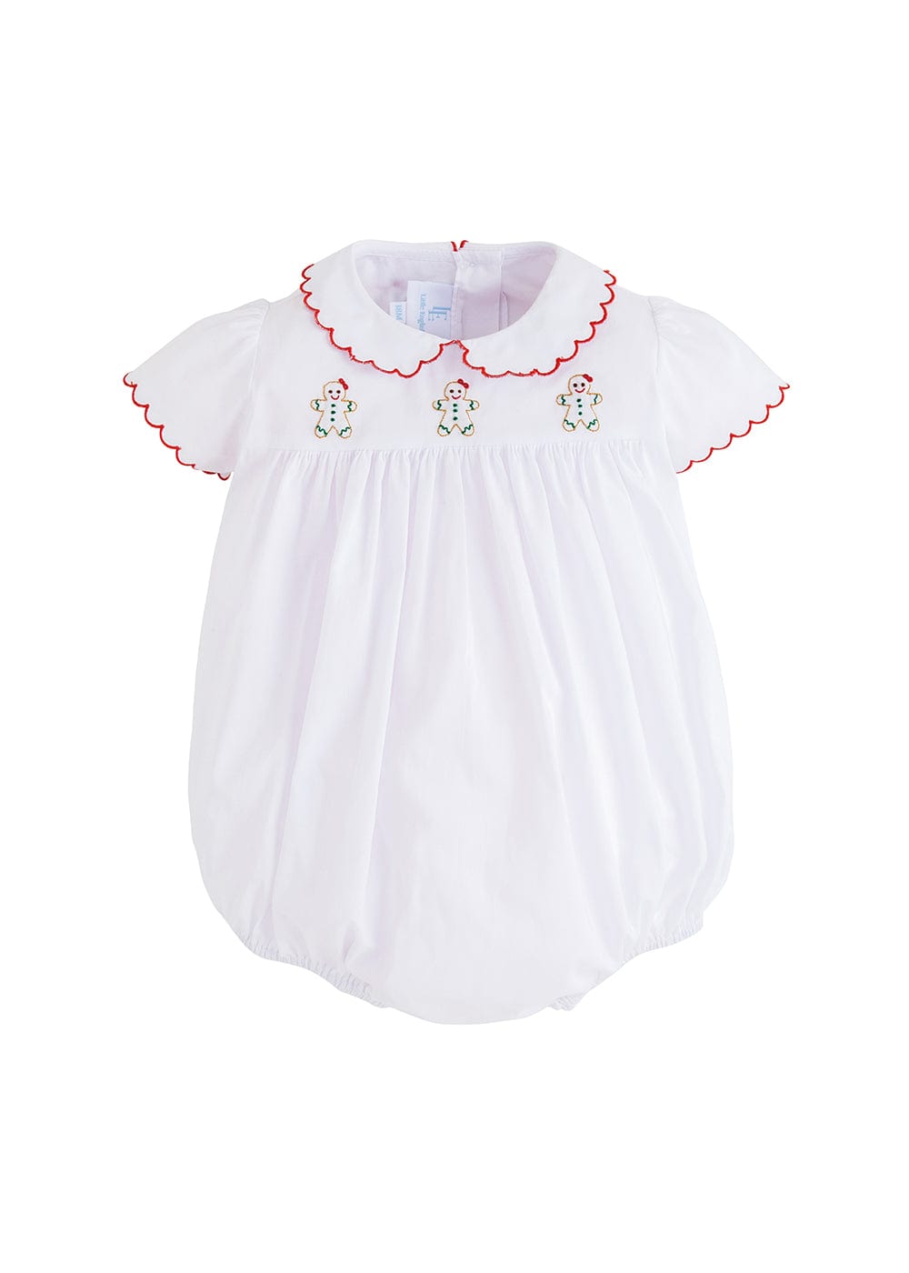 classic childrens clothing girl bubble with embroidered gingerbread men with ruffle peter pan collar