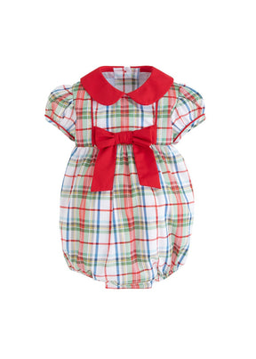 classic baby girl clothes girls bubble in green and red plaid with red piping and peter pan collar and red bow 