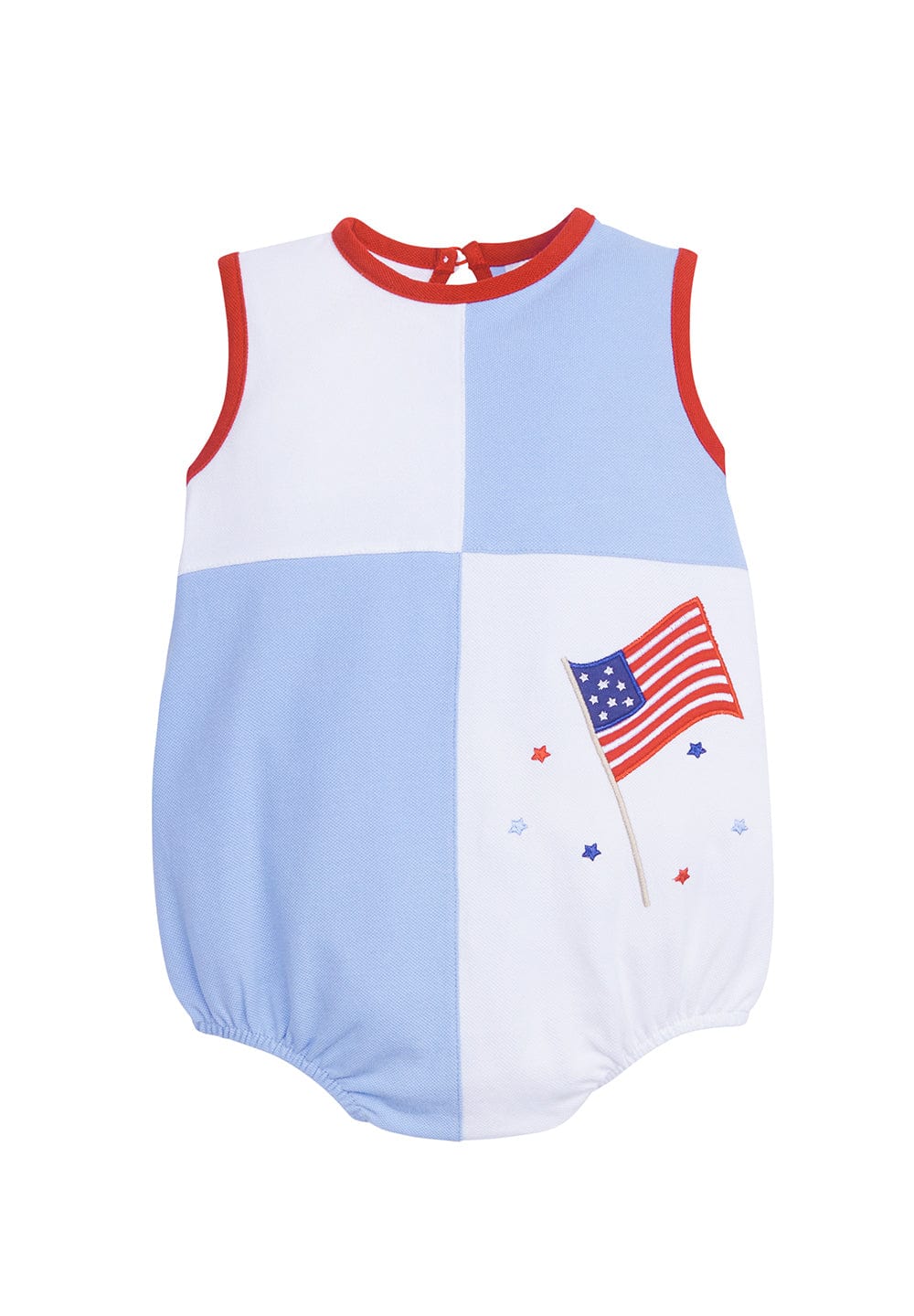 classic childrens clothing girls bubble in blue and white with red trim and american flag emblem