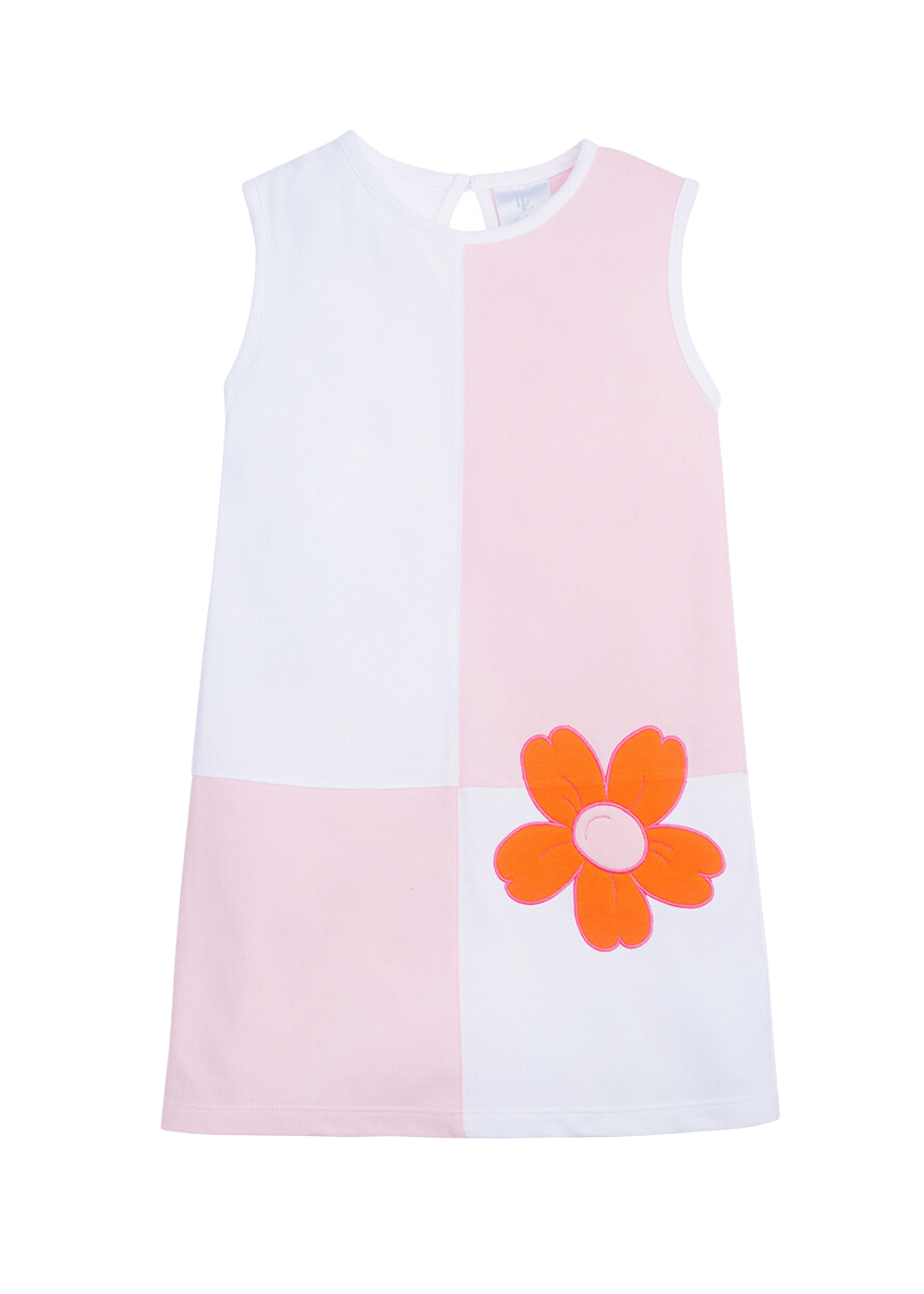 classic childrens clothing girls pink and white dress with orange flower emblem