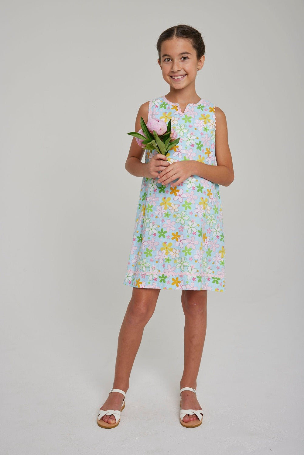 seguridadindustrialcr girl's aqua floral shift dress with pink rickrack