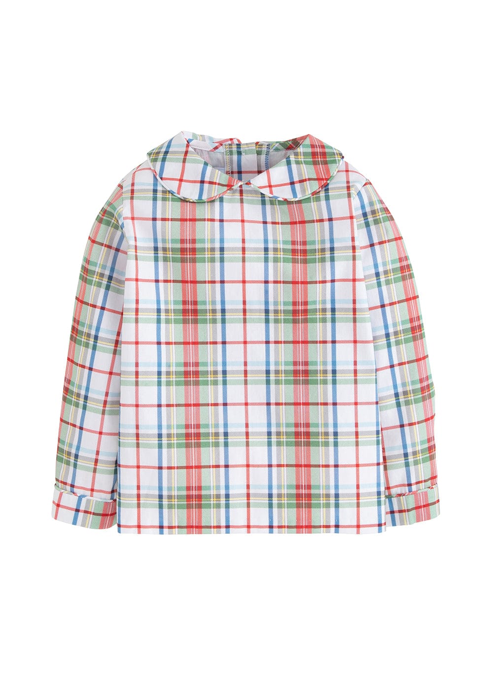 classic childrens clothing boys shirt in green and red plaid with peter pan collar