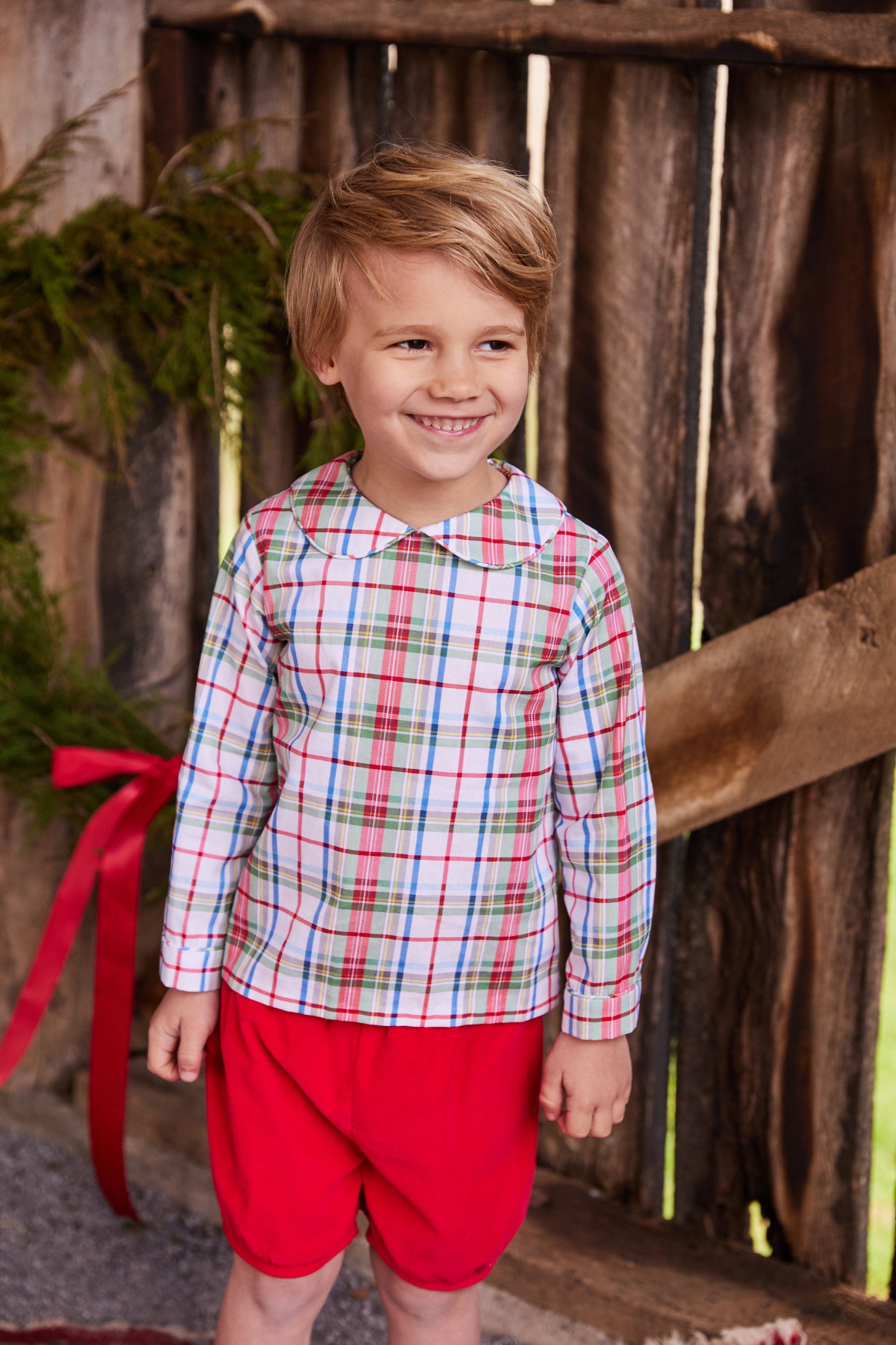 classic childrens clothing boys shirt in green and red plaid with peter pan collar