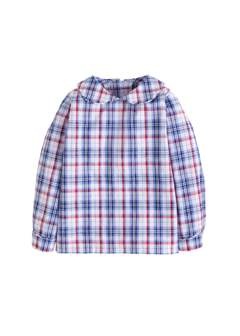 classic childrens clothing boys shirt with peter pan collar in blue and red plaid pattern