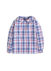 classic childrens clothing boys shirt with peter pan collar in blue and red plaid pattern