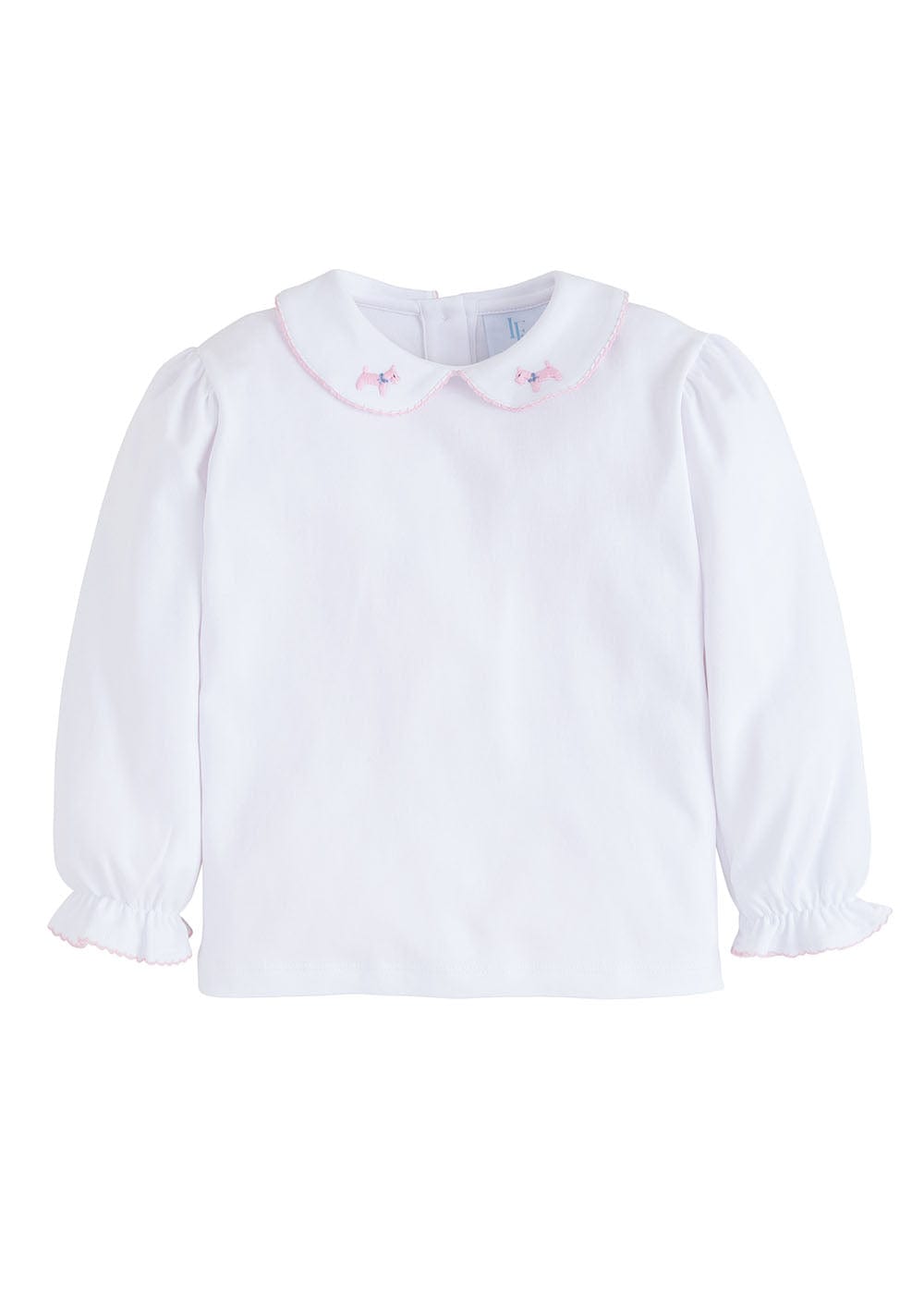 classic childrens clothing girls long sleeve blouse with peter pan collar and embroidered pink scottie dog on collar and pink pique