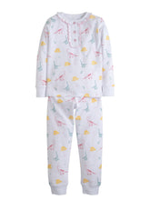 classic childrens clothing girls jammies with pink and blue printed dinos