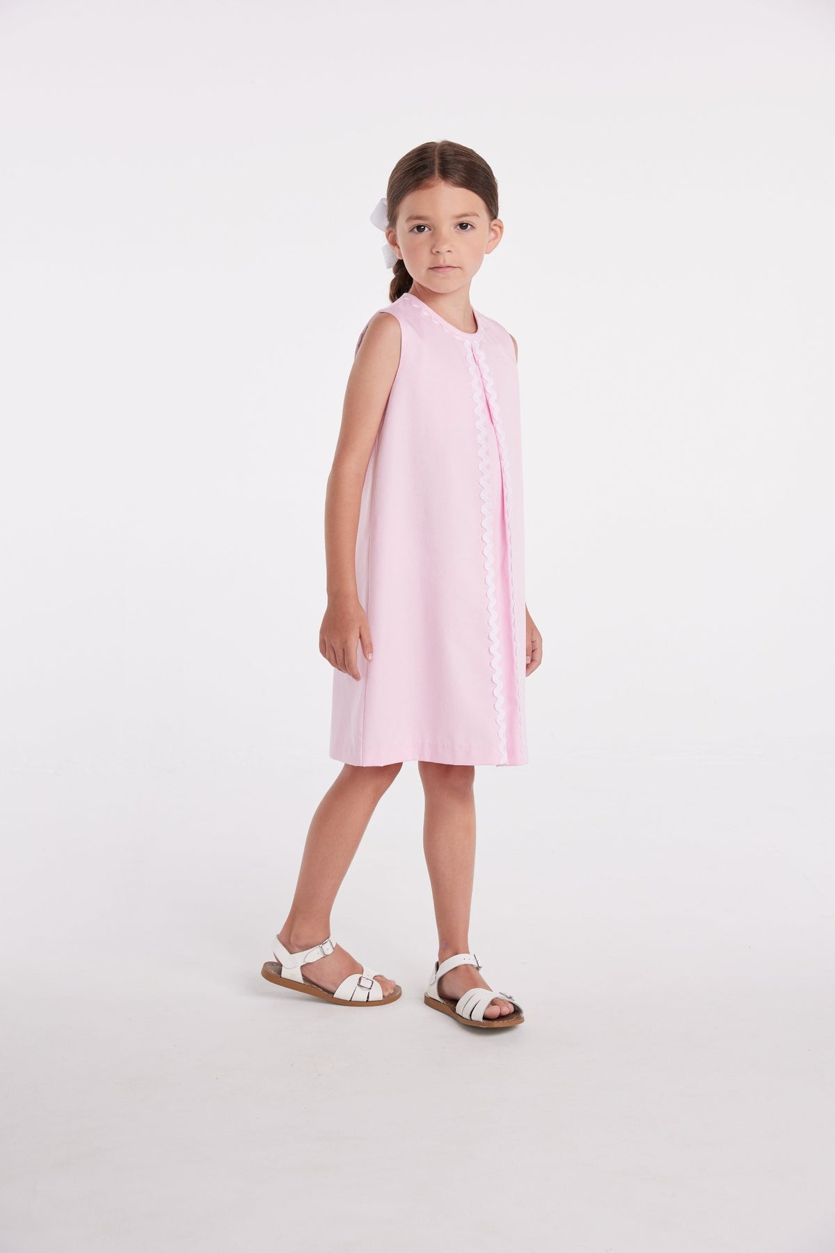 classic childrens clothing girls shift dress in light pink twill with ric rac trim