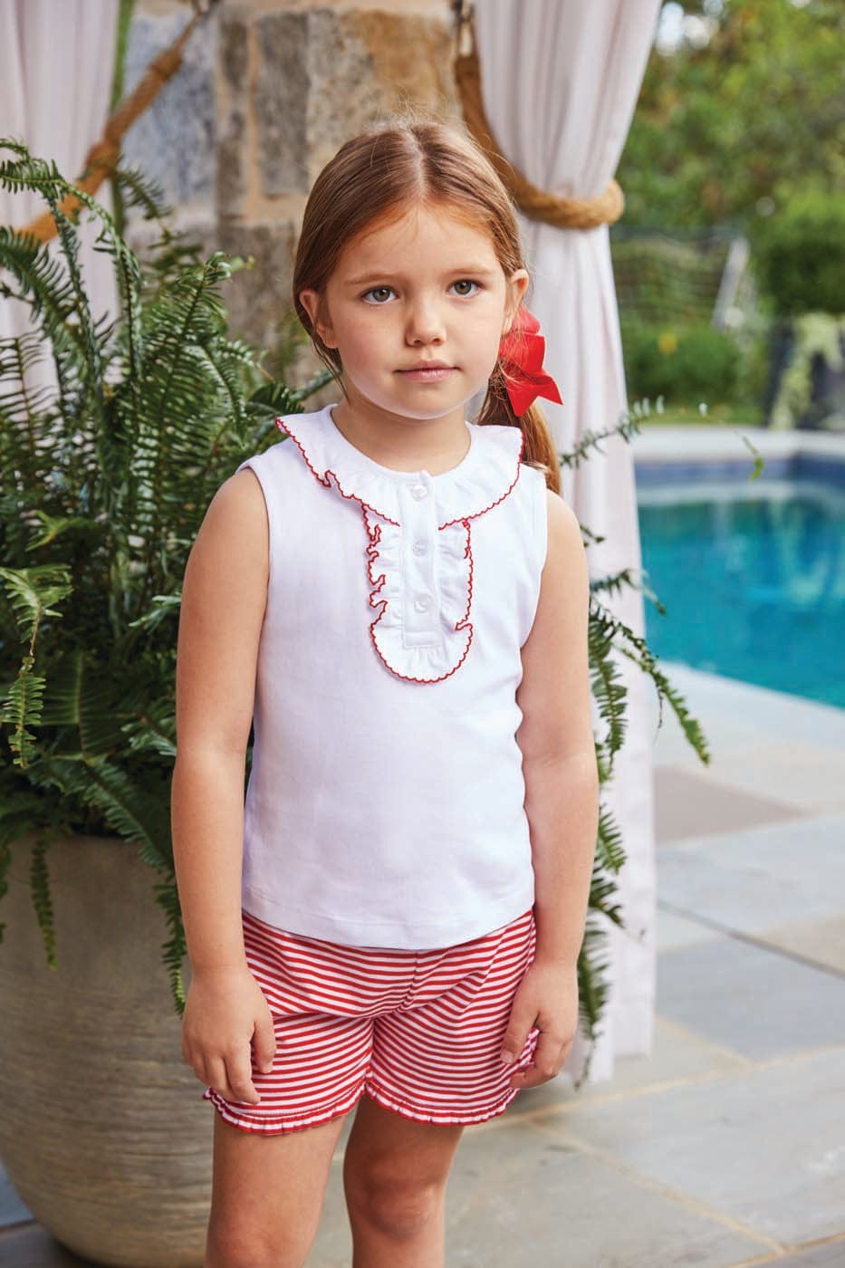 seguridadindustrialcr girl's classic white ruffled henley in white with red ruffles and red and white striped tulip shorts