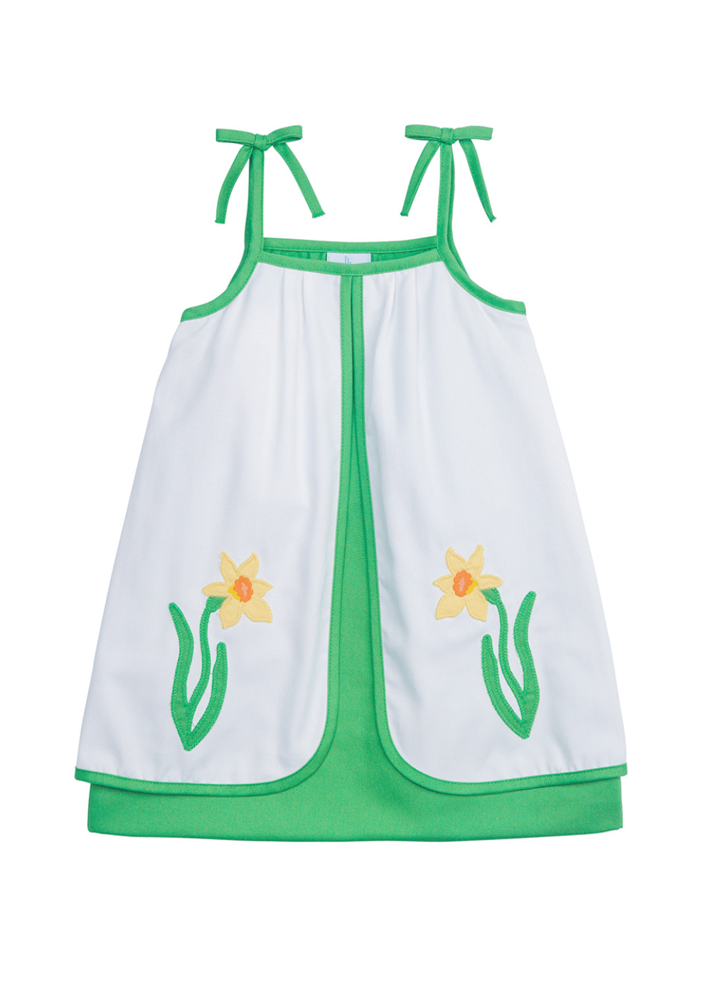 classic childrens clothing girls green and white sundress with daffodil applique
