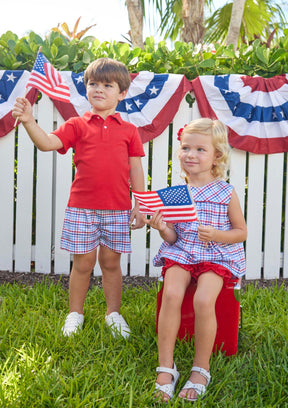 classic childrens clothing girls bloomer set with red white and bloom gingham top and red bloomers