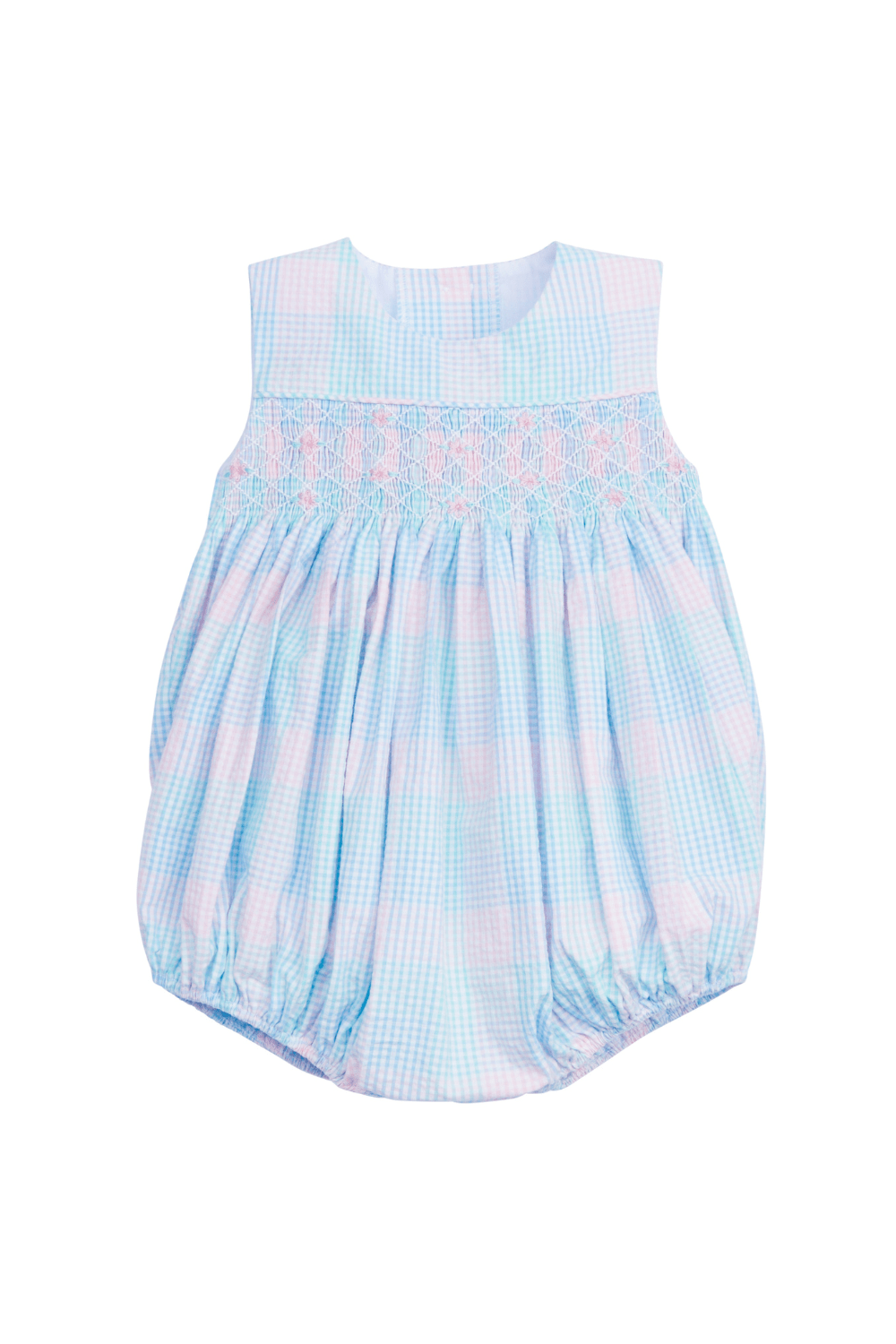 classic childrens clothing girls bubble in blue and pink plaid with blue smocking detail
