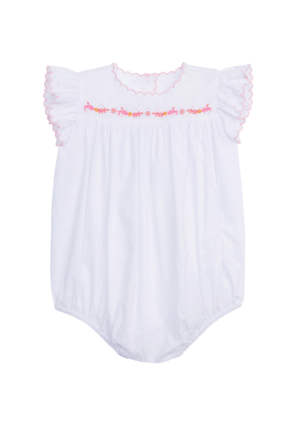 classic childrens clothing girls bubble with ruffle sleeves and pink and orange embroidery