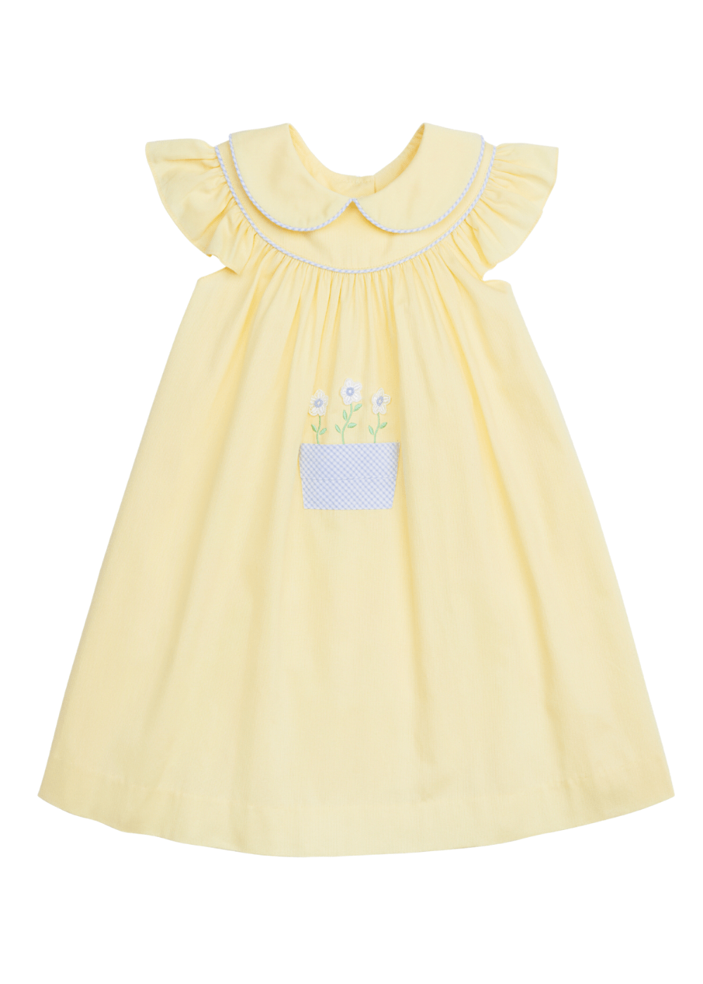 classic childrens clothing yellow dress with peter pan collar and front pocket with daisy embroidery