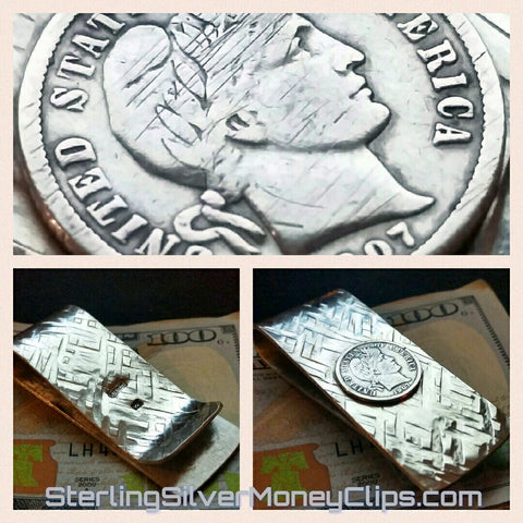 Criss-cross Ridge Hammered 1907 Barber Dime 925 935 Argentium Sterling Silver money clip