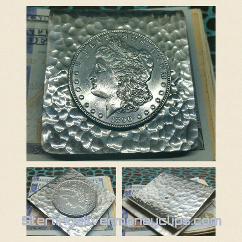 Hammered 1890 Morgan Silver Dollar Square big 925 935 Argentium Sterling Silver money clip