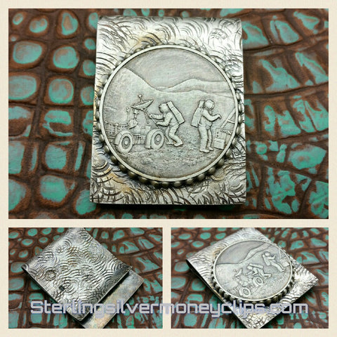 Ring Distressed Antique Aged Beaded Bezel Apollo 15 Silver Bullion big 925 935 Argentium Sterling Silver money clip