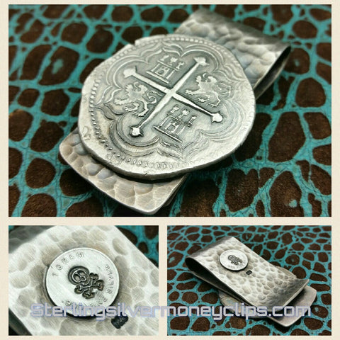 Hammered 17th Century Piece of Eight with Button 925 935 Argentium Sterling Silver money clip