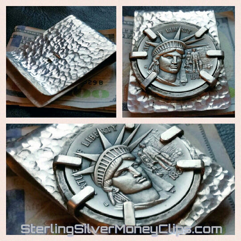 Hammered 6 point Bezel High-Relief Statue of Liberty big 925 935 Argentium Sterling Silver money clip