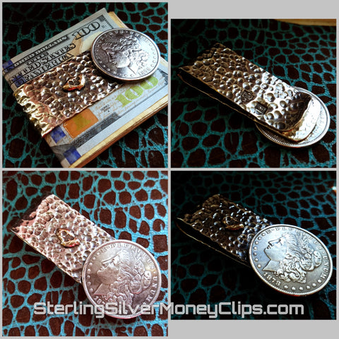 Double Hammered 1878 Morgan Silver Dollar 14 karat Yellow Gold American Eagle Nugget Full Fold 925 935 Argentium Sterling Silver money clip