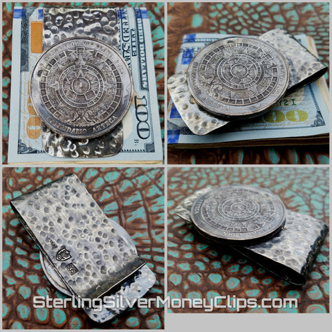 Hammered Simple Stripe Aztec Calendar Full Fold Antiqued huge 925 935 Argentium Sterling Silver money clip