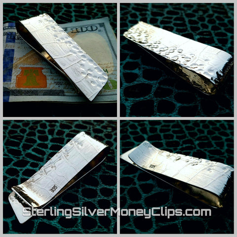 Hammered Alligator long 925 935 Argentium Sterling Silver money clip
