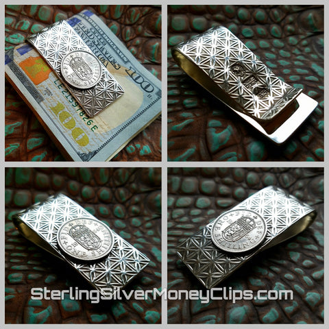 Geometric 1964 British Shilling 925 935 Argentium Sterling Silver money clip