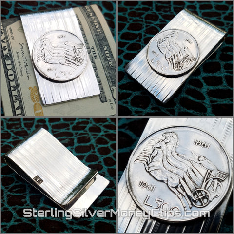 Textured Stripe 1961 Italian 500 Lire 925 935 Argentium Sterling Silver money clip