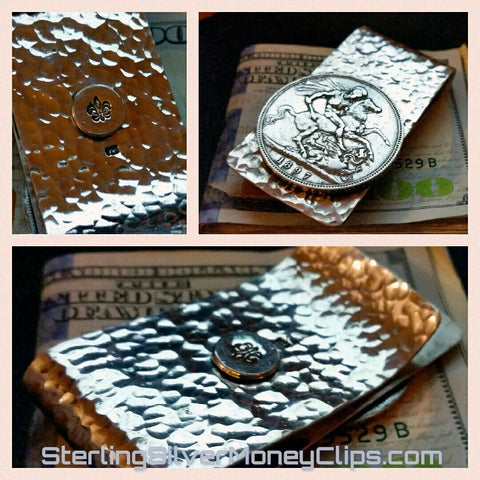 Hammered British 1897 Silver Crown Dragon Slayer with button 925 935 Argentium Sterling Silver money clip