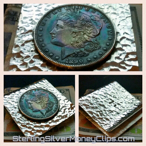 Hammered 1890 Antique Aged Multi Color Morgan Silver Dollar big 925 935 Argentium Sterling Silver money clip