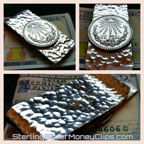 Hammered Mexican 1932 Un Peso 925 935 Argentium Sterling Silver money clip