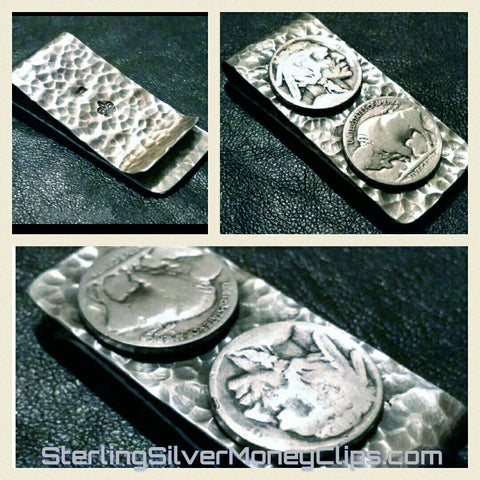 Hammered Antique Aged Double Buffalo Nickel 925 935 Argentium Sterling Silver money clip