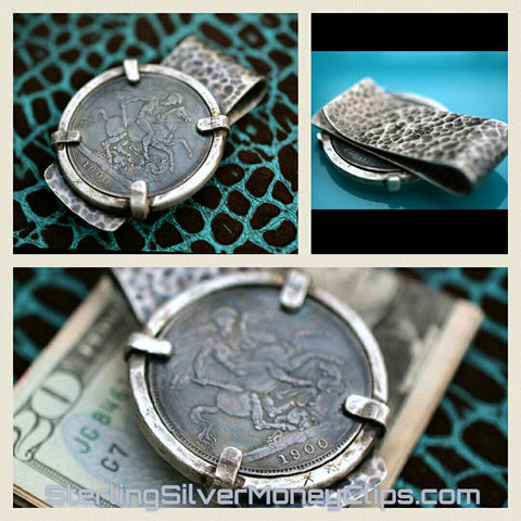 Hammered Antique Aged 4 point Bezel British 1900 Dragon Slayer 925 935 Argentium Sterling Silver money clip