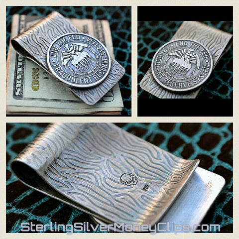 Abstract Flame Silver Bullion End the Fed 925 935 Argentium Sterling Silver money clip