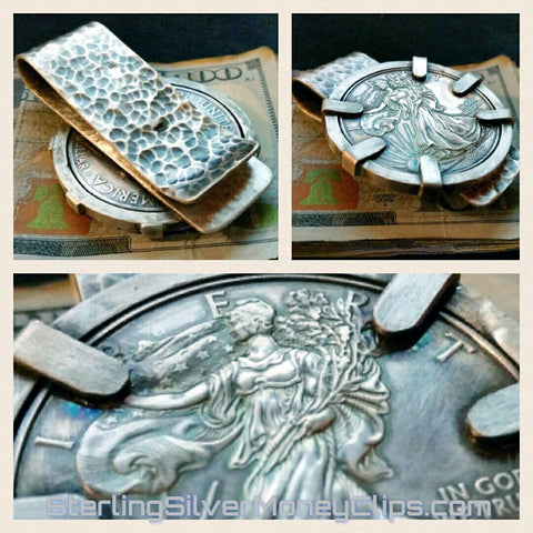 Hammered Antique Aged 6 point Bezel 2015 Walking Liberty Silver Eagle 925 935 Argentium Sterling Silver money clip