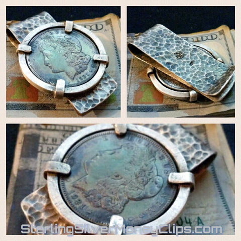 Hammered Antique Aged 4 point Bezel Multi Color 1921 Morgan Silver Dollar 925 935 Argentium Sterling Silver money clip