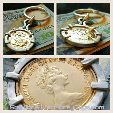 British 1976 Gold Sovereign Dragon Slayer 6 point Bezel keychain