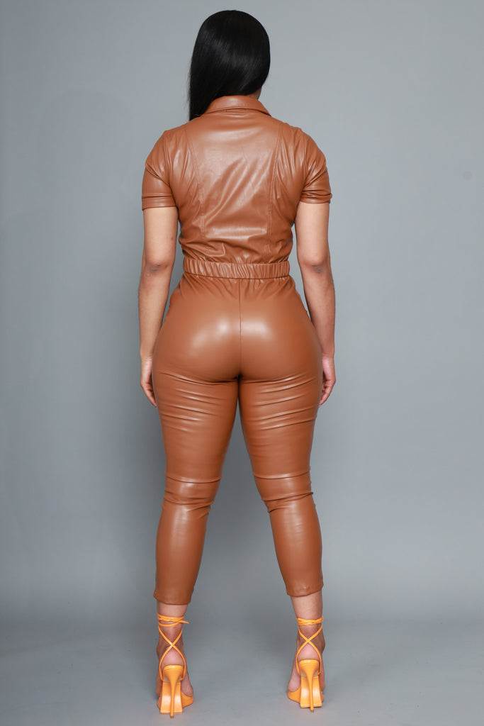 Run The Streets Faux Leather Jumpsuit - Cognac - grundigemergencyradio