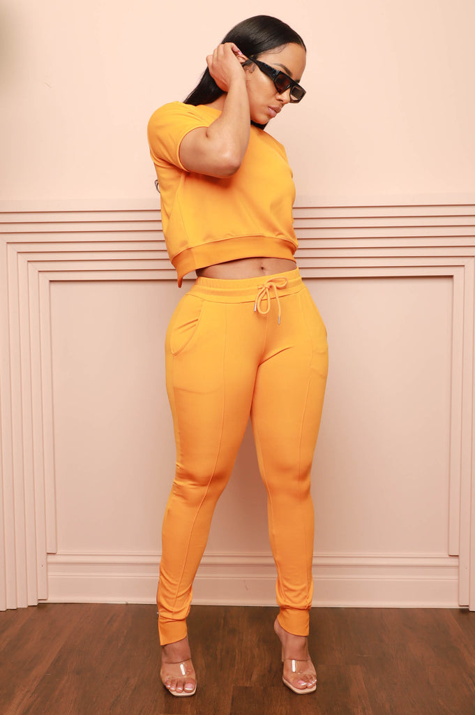 Unveiled Reverse Zip Short Sleeve Pants Set - Orange - grundigemergencyradio