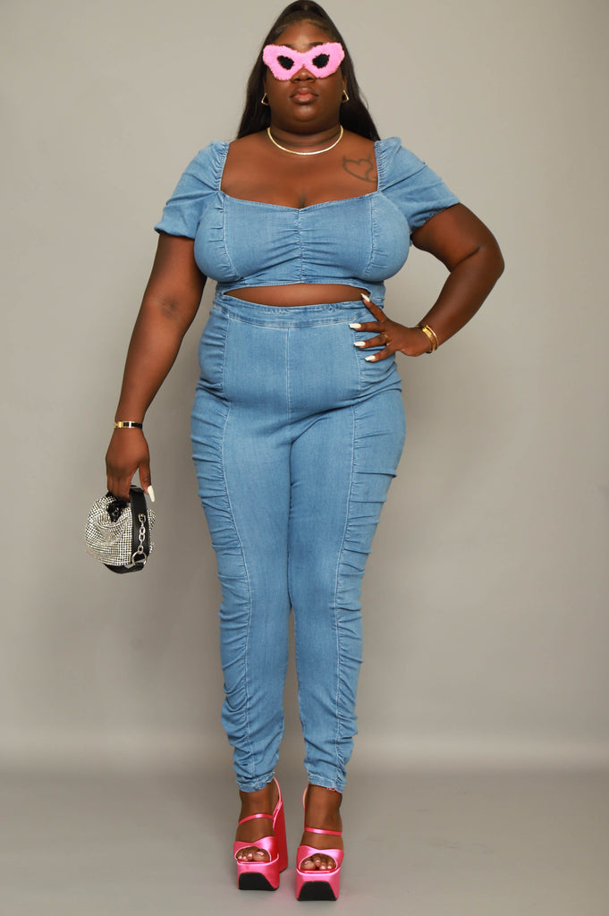 Last Stop Denim Power Sleeve Cut Out Jumpsuit - Medium Wash - grundigemergencyradio