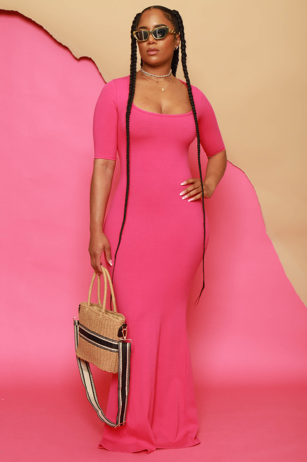 One and Only Mid Sleeve Snatched Maxi Dress - Hot Pink - grundigemergencyradio