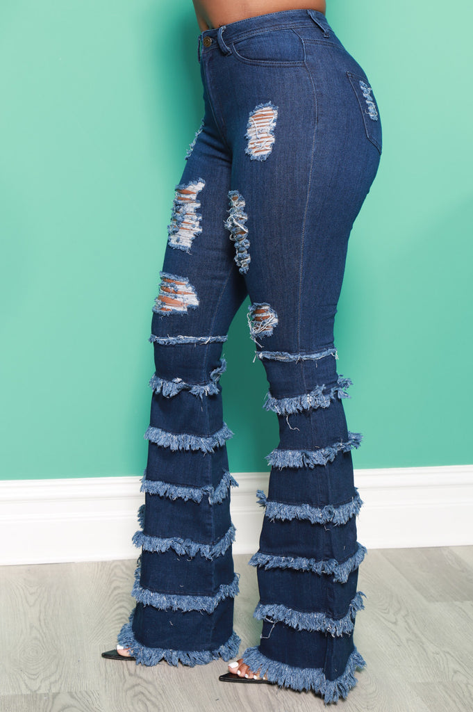 Promise Frayed High Rise Stretchy Flare Jeans - Dark Wash - grundigemergencyradio