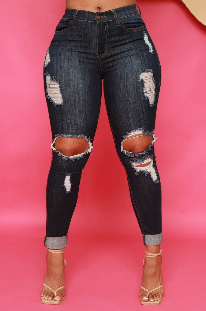 Begin Again Distressed Skinny Jeans - Dark Wash - grundigemergencyradio