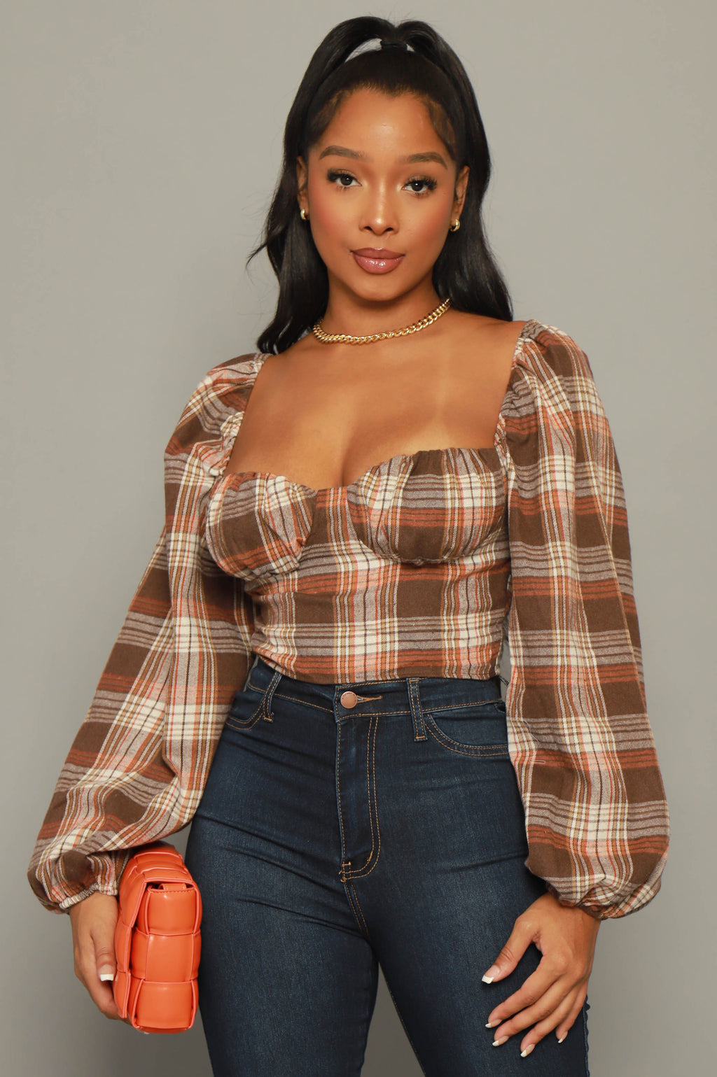 Fine Again Plaid Tie Up Crop Top - Brown - grundigemergencyradio