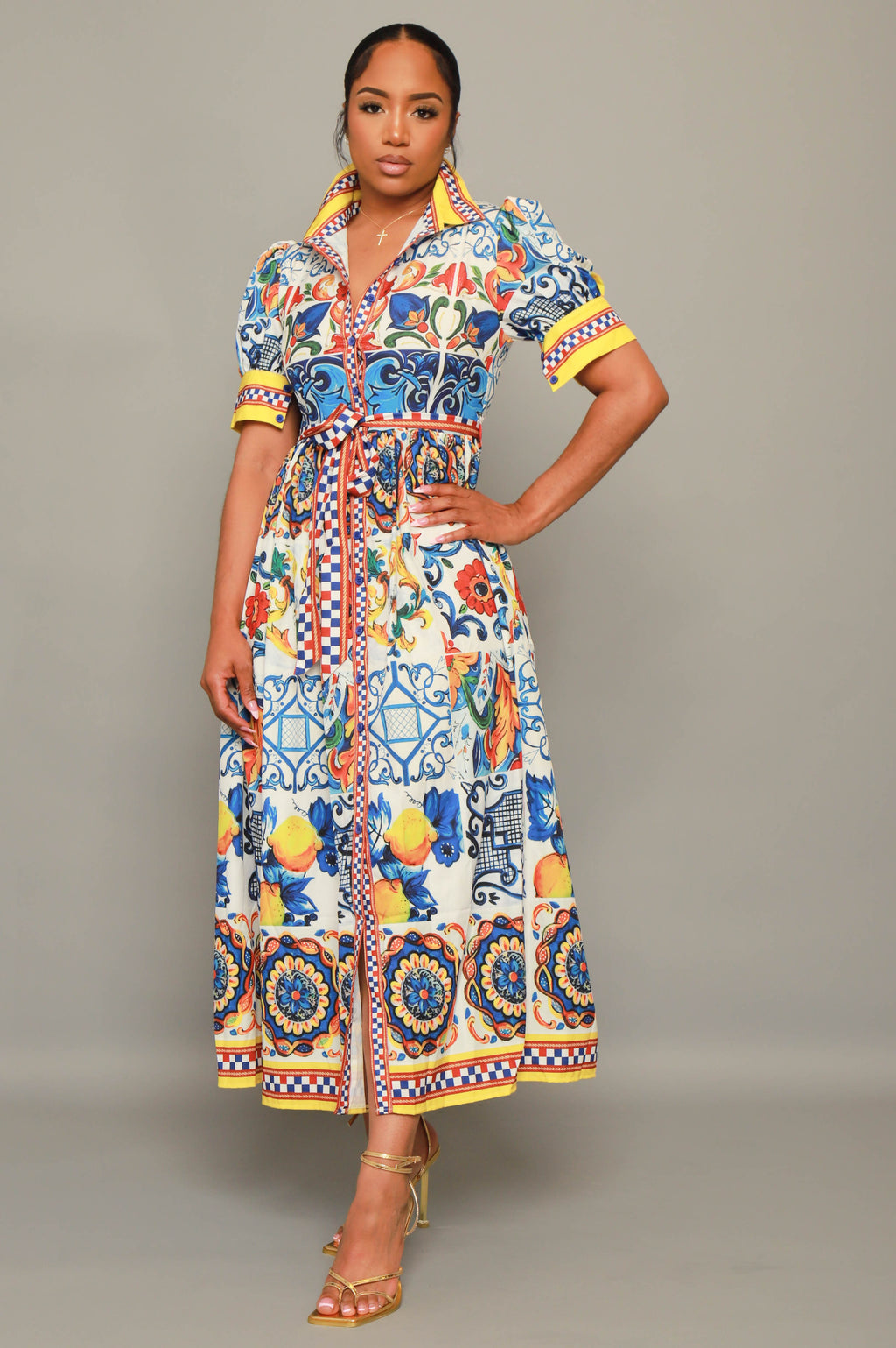 Here With You Belted Button Up Midi Dress - Multicolor - grundigemergencyradio