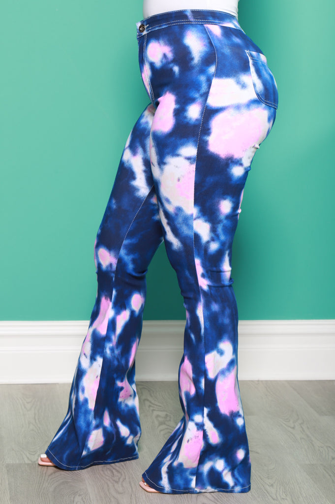 Emotion Tie Dye High Rise Flare Stretchy Jeans - Navy/Pink - grundigemergencyradio