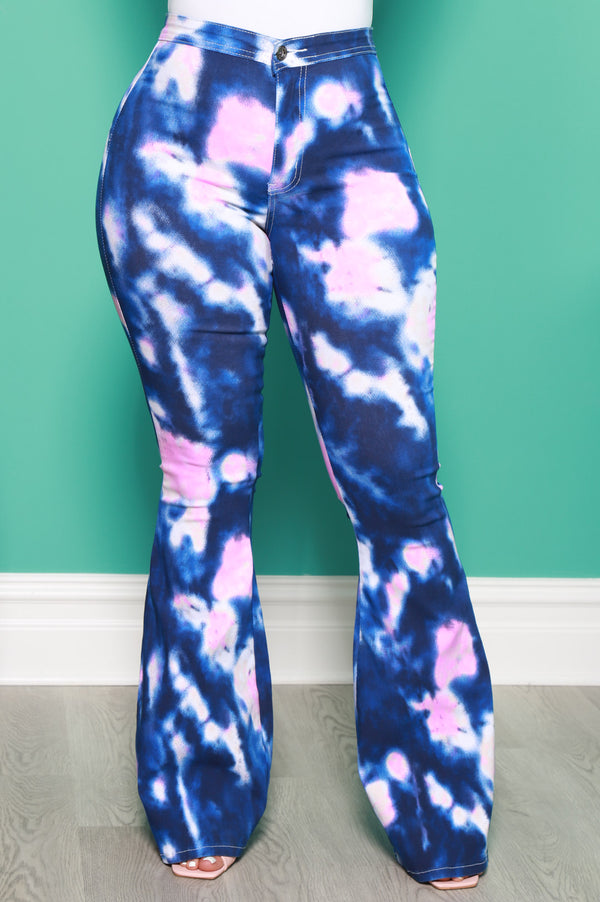 Emotion Tie Dye High Rise Flare Stretchy Jeans - Navy/Pink